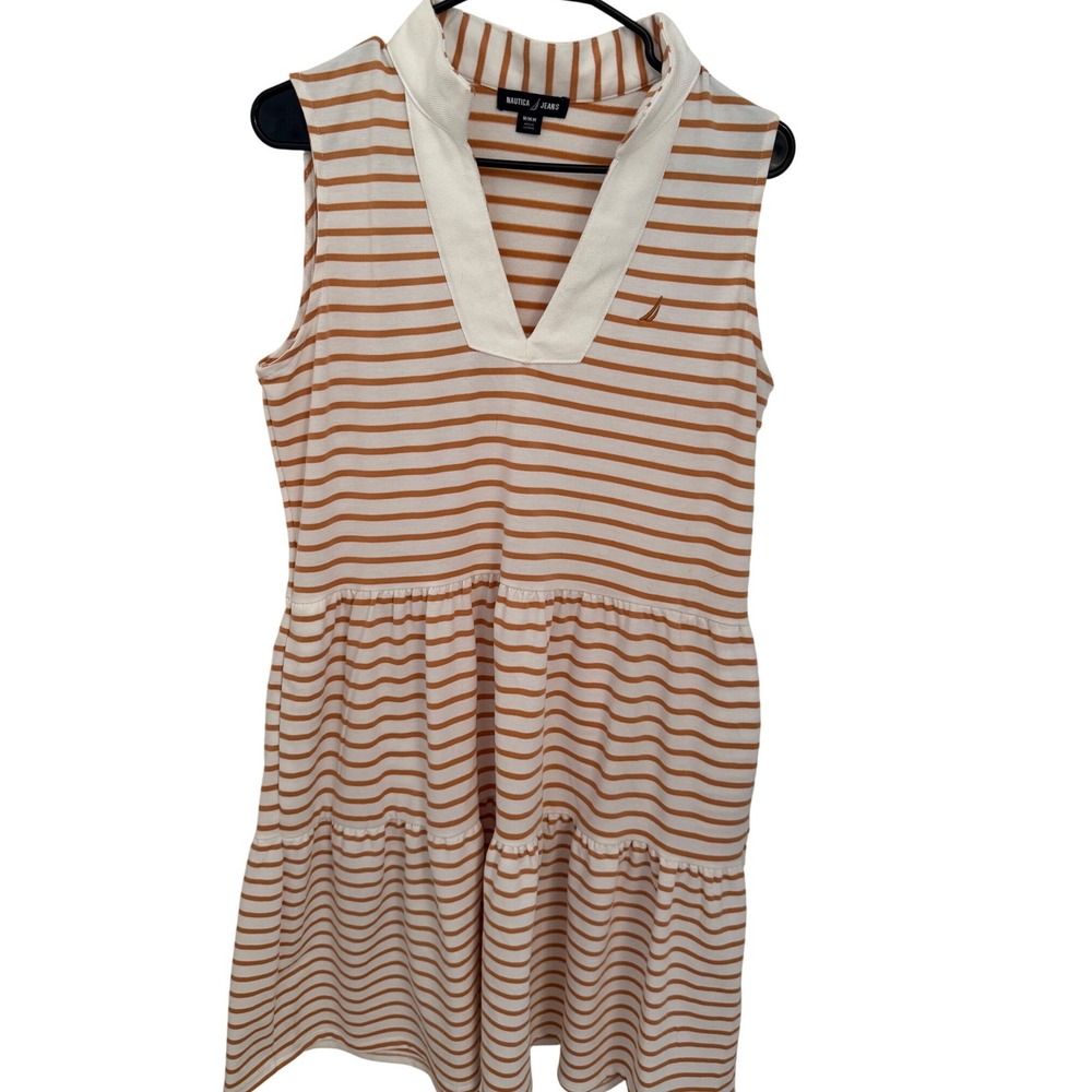 Nautica Jeans Womens tan White Striped Sleeveless Tiered‎ Polo T-Shirt Dress M